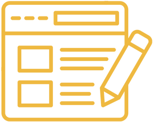 Simple line illustration in deep yellow of a web page with squares and lines indicating images and text, with a pencil hovering over the text