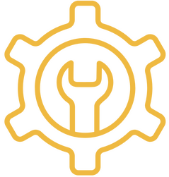 Simple line illustration in deep yellow of a cog and a spanner in the centre