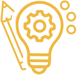 Simple line illustration in deep yellow of a pencil, lightbulb, cog and three dots