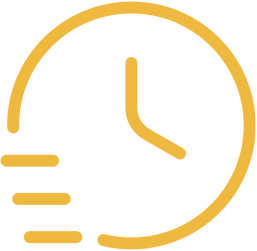 Simple line illustration in deep yellow of a clock with three dashes indicating speed