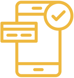 Simple line illustration in deep yellow of a mobile phone, with popout and a tick