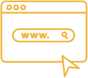 Simple line illustration in deep yellow of a web page and cursor pointing to a search bar saying 'www dot'